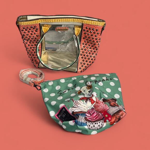 Nicole Lee Sweet Cupcake Tote Removable Interior Bag Coral Green Dogs Puppies - Picture 3 of 16